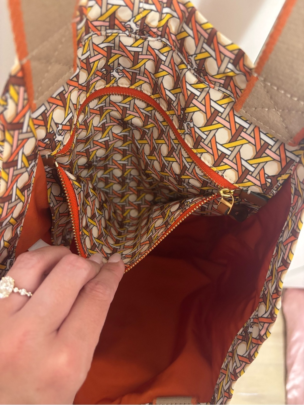Tory Burch Orange Patterned Logo Canvas Tote - Picture 3 of 5
